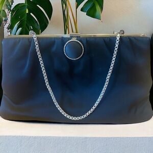 VINTAGE Black satin clutch evening Purse silver tone metallic frame and chain